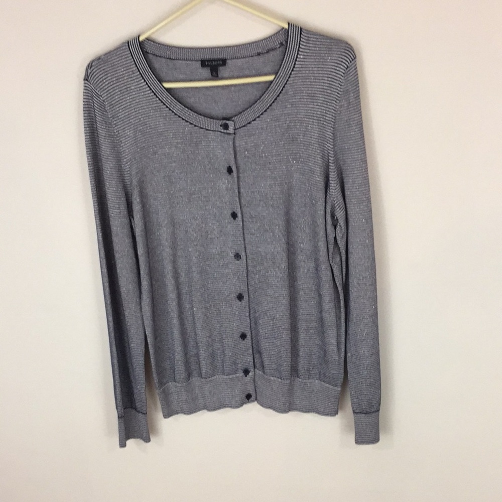 Talbots Navy and Gray Silver Thread Striped Cardigan Sweater Size Large